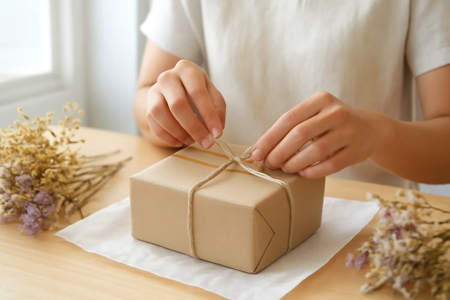 Đôi tay thắt dây gai quanh hộp giấy kraft trên bàn xưởng nhỏ