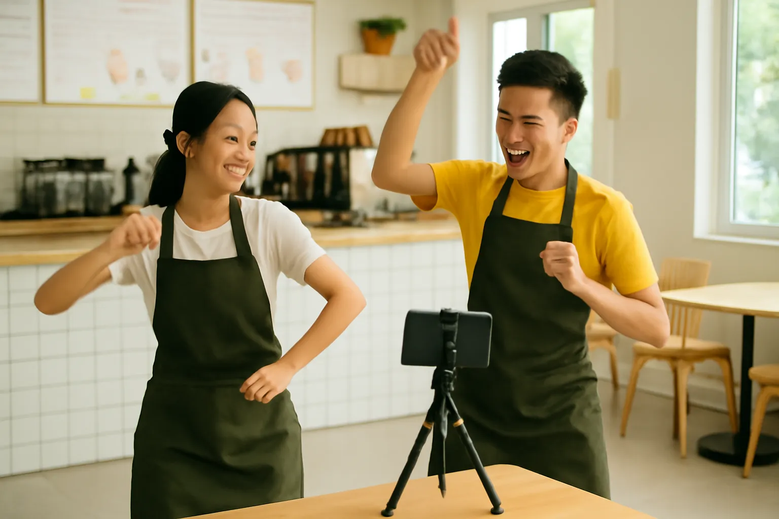 Hai bạn trẻ tập điệu nhảy trước điện thoại trong tiệm trà sữa vắng khách