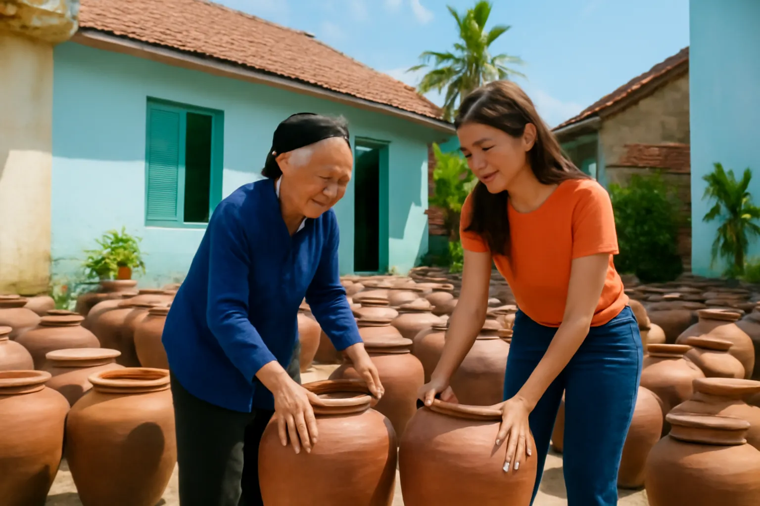 Bà cụ và cháu gái cùng làm việc ở sân nhà ven biển