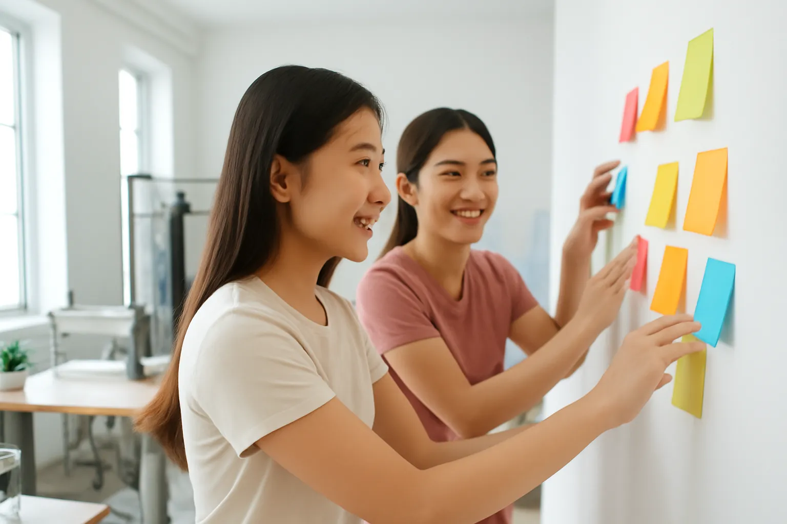 Hai người dán giấy ghi chú lên tường trong một xưởng may nhỏ