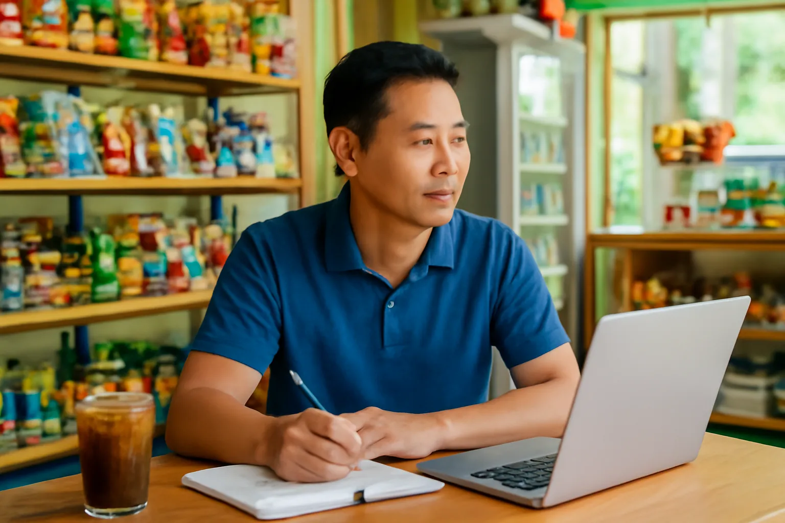 Chủ tiệm ngồi bàn gỗ với sổ tay và máy tính xách tay quay đi