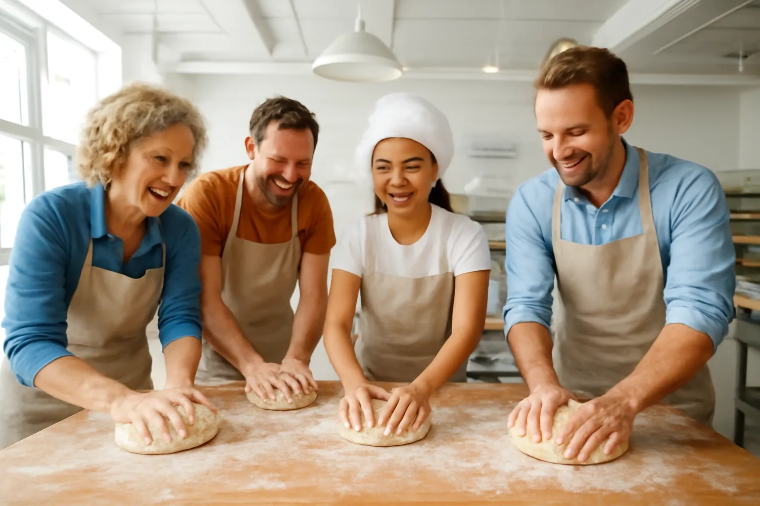 Thợ làm bánh hướng dẫn một nhóm nhỏ nhào bột trên bàn