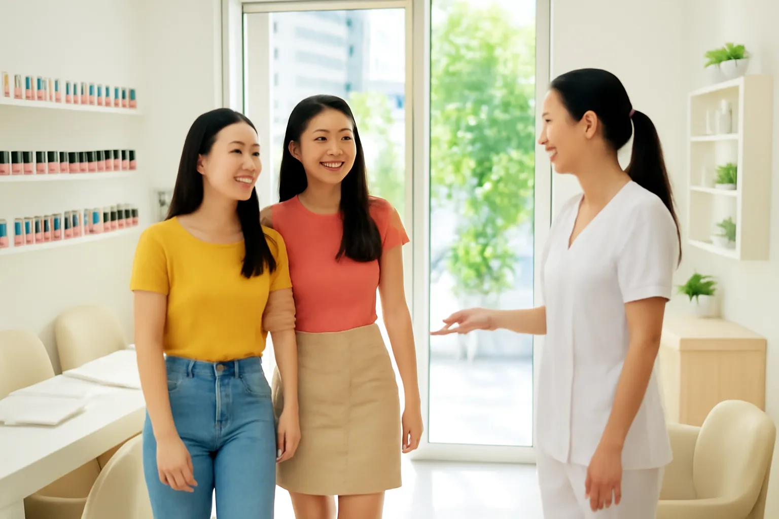 Hai cô bạn cùng bước vào tiệm làm móng