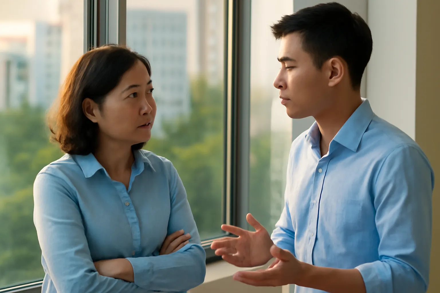 Hai đồng nghiệp trò chuyện nghiêm túc bên cửa sổ văn phòng chiều muộn