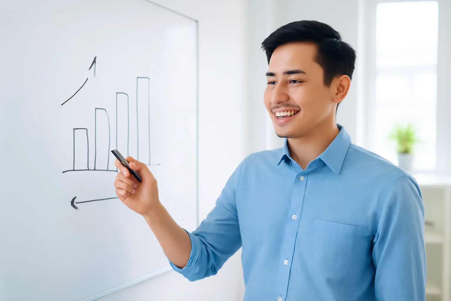 Người đàn ông cầm bút đứng trước bảng trắng có biểu đồ vẽ tay