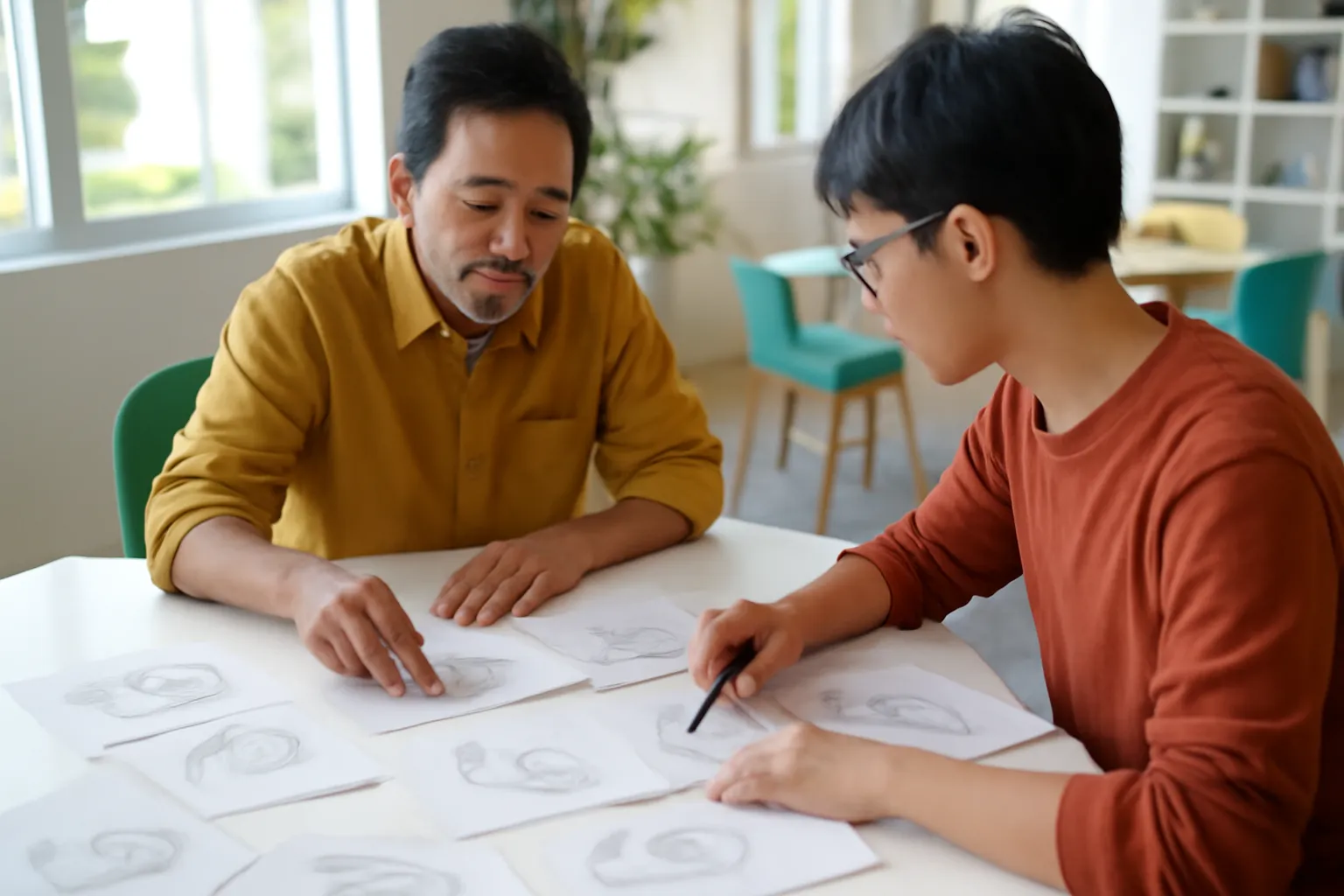 Chủ tiệm và nhà thiết kế xem các bản phác thảo bút chì trên bàn
