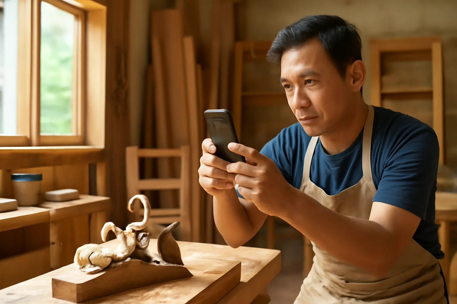 Thợ mộc chụp ảnh bằng điện thoại cảnh bào gỗ trong xưởng