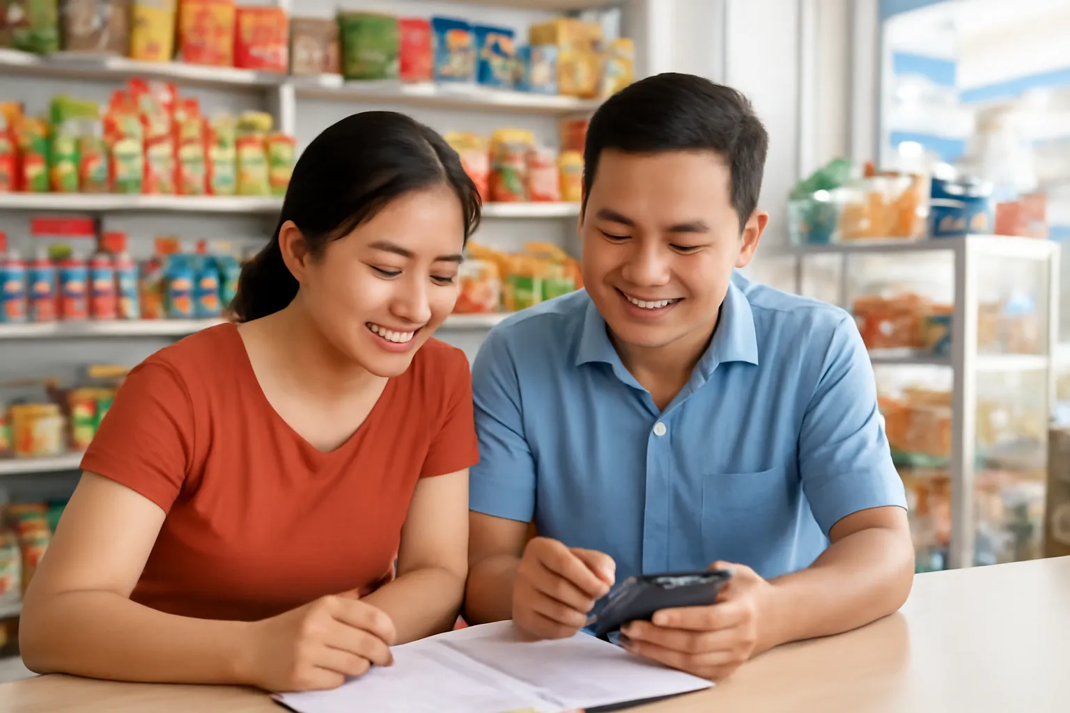 Vợ chồng chủ tiệm ngồi tính toán bên chiếc máy tính bỏ túi