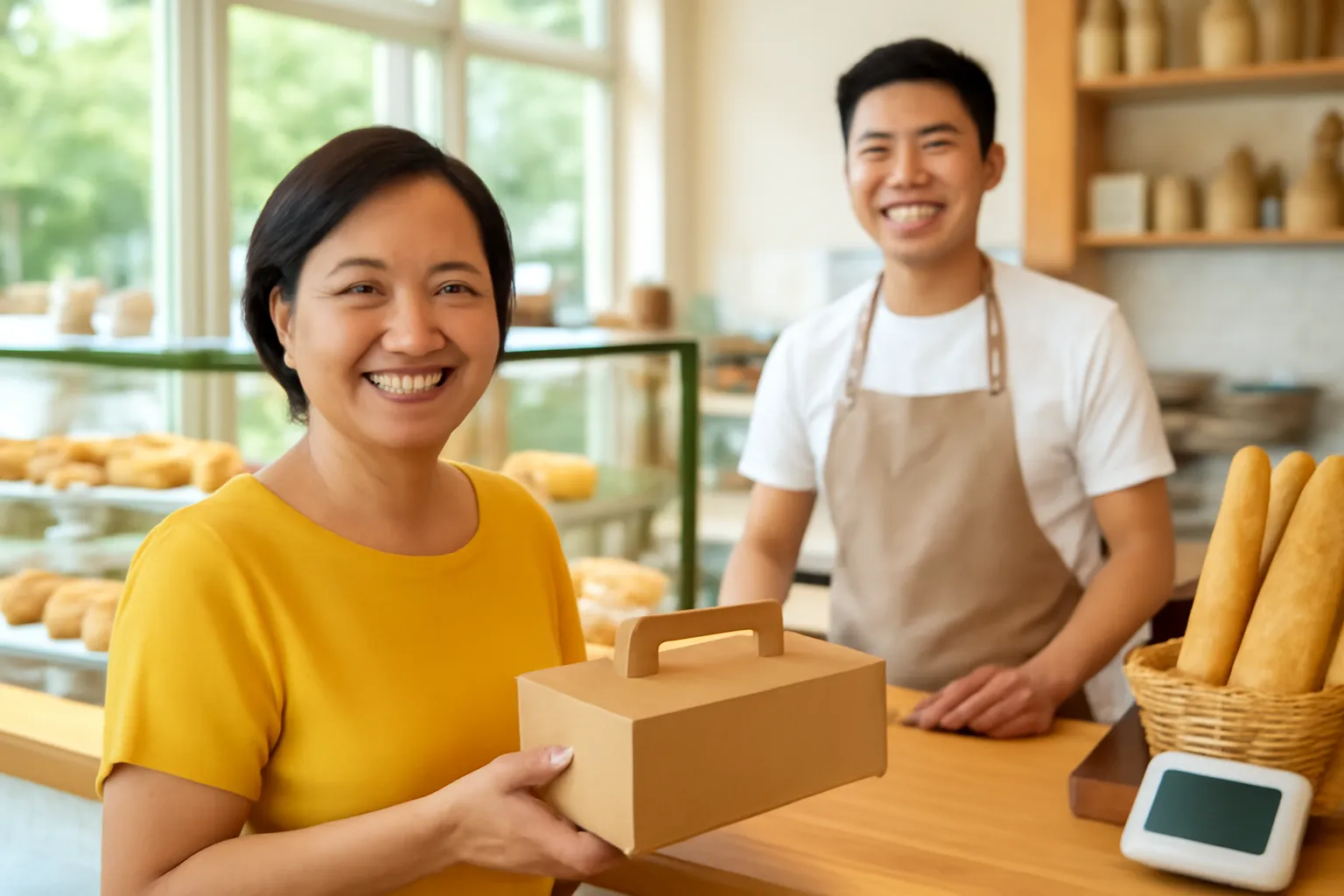 Khách nữ mỉm cười cầm hộp bánh trước quầy tiệm bánh
