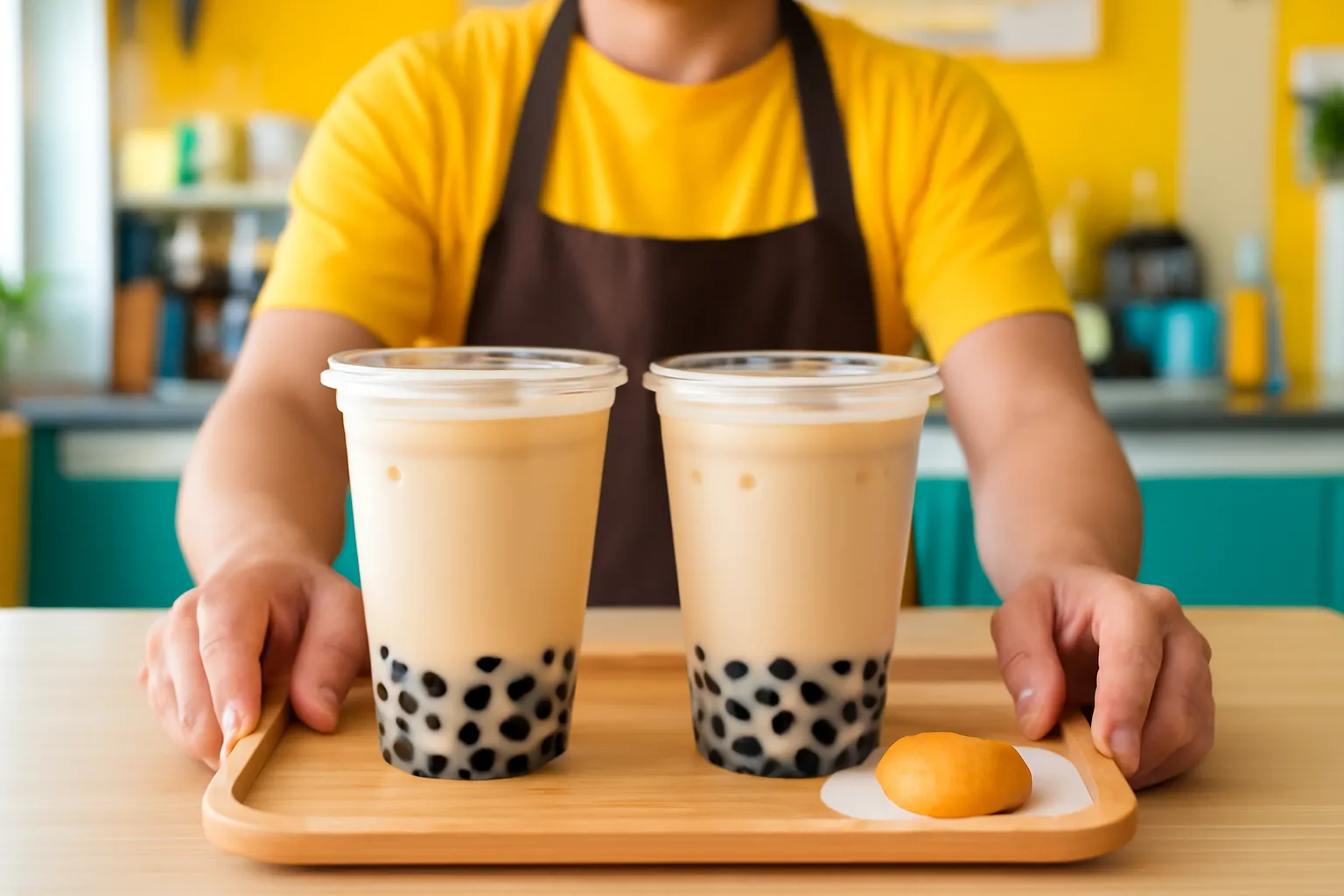 Quầy trà sữa có hai ly đặt cạnh nhau và một chiếc bánh nhỏ