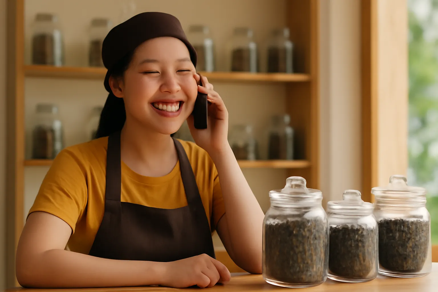 Nhân viên trẻ trả lời điện thoại của khách ở quầy tiệm trà