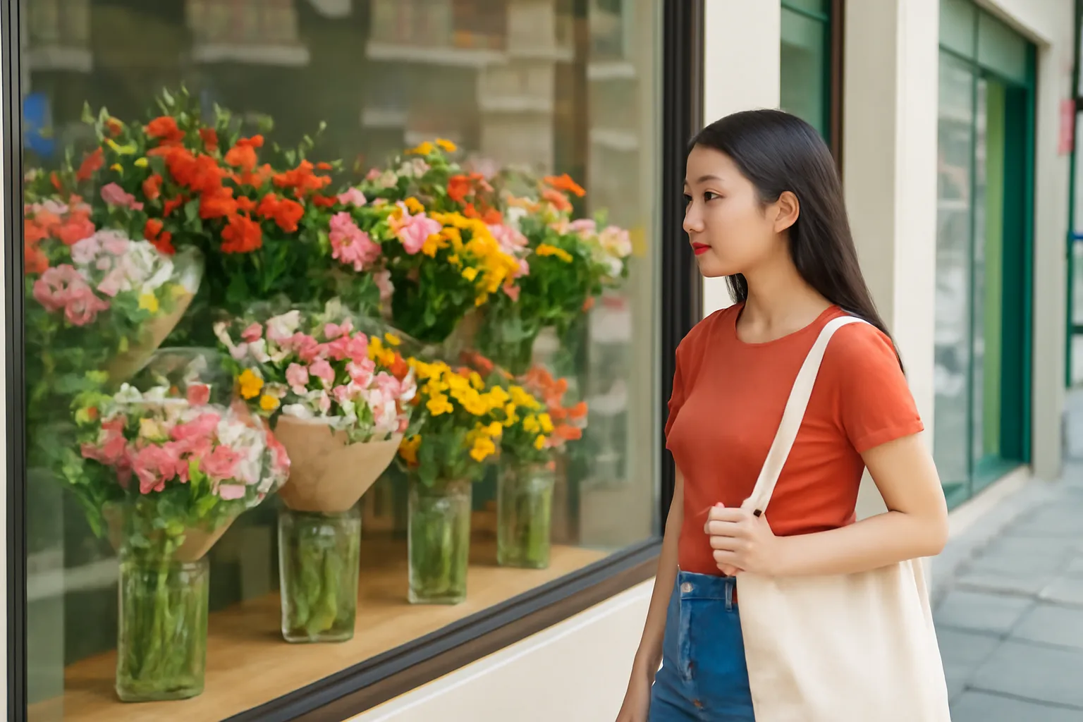 Cô gái trẻ đi ngang tiệm hoa và dừng lại nhìn qua cửa kính