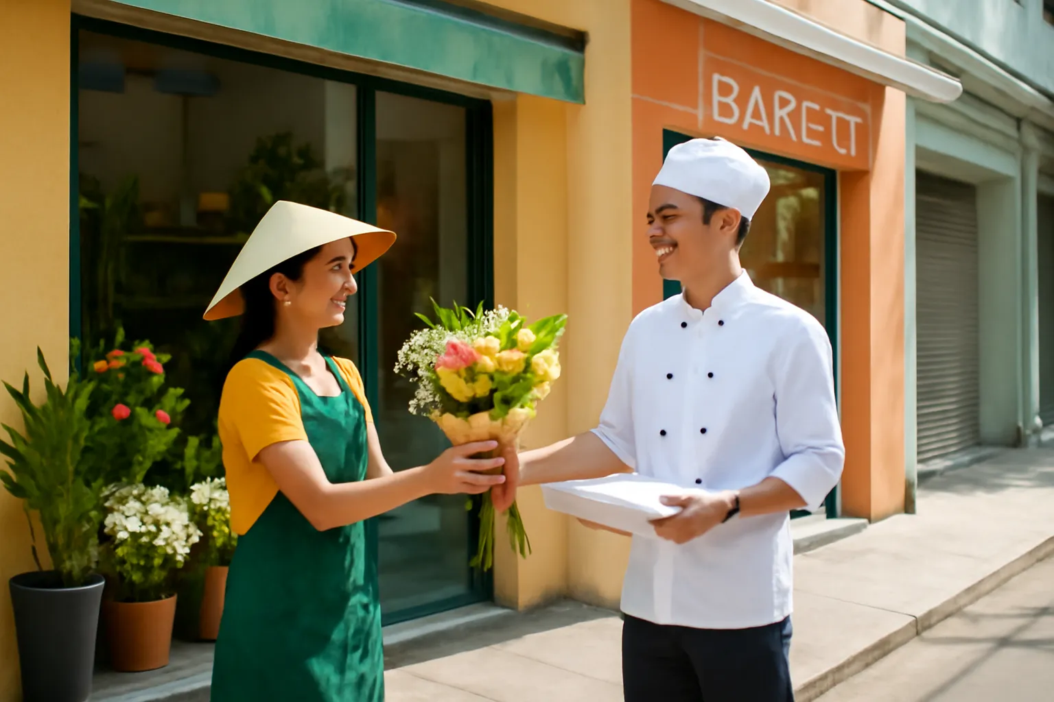 Chủ tiệm hoa và chủ tiệm bánh trao hộp quà cho nhau trên vỉa hè