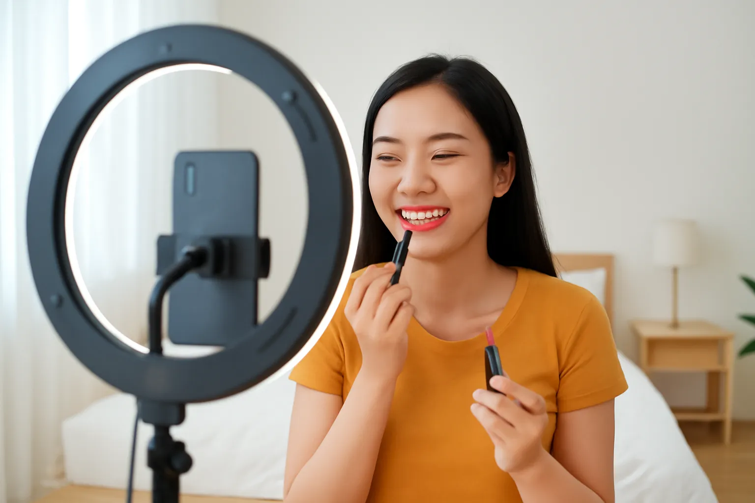Cô gái trẻ quay video thử son trước vòng đèn trong phòng sáng