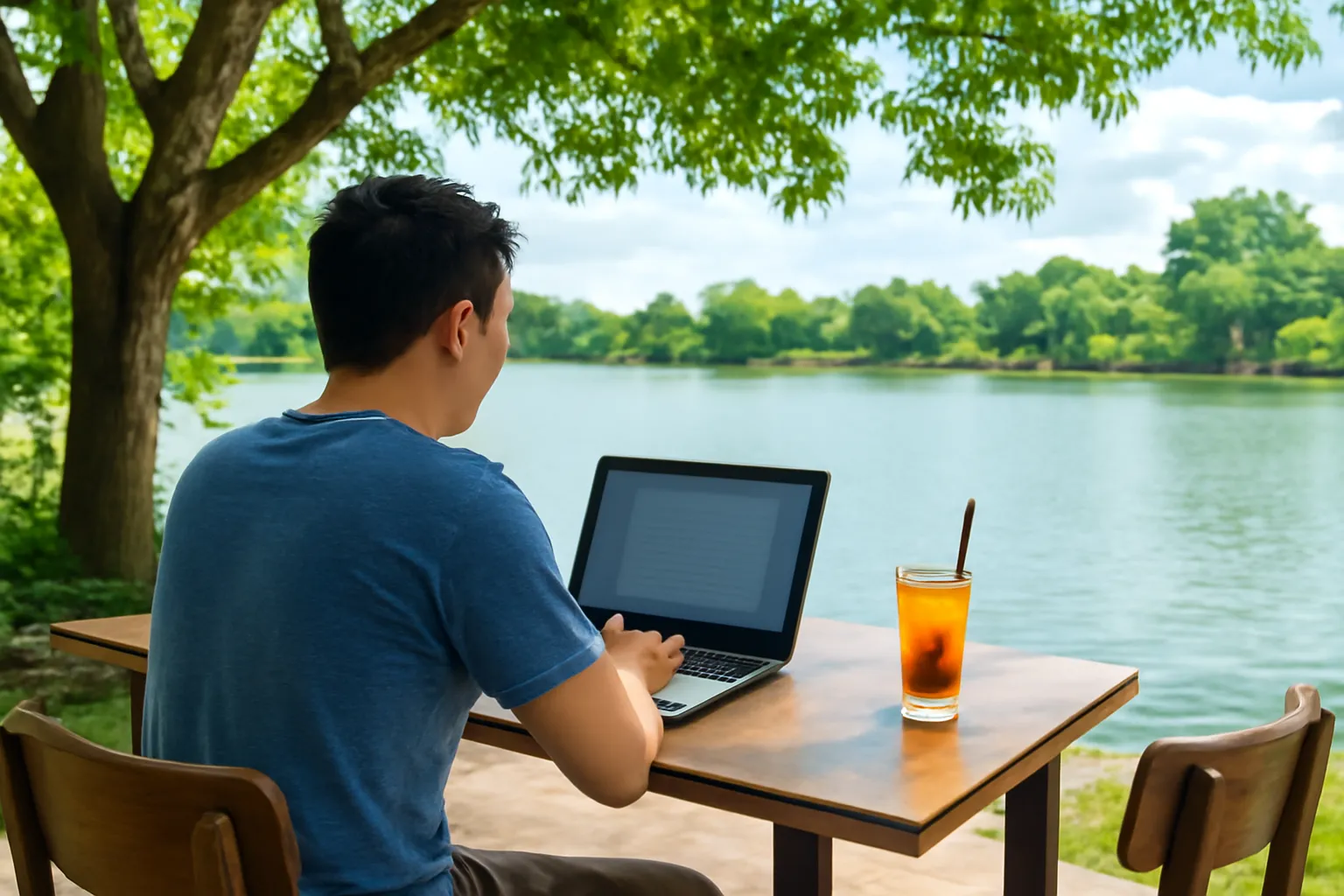 Người đàn ông làm việc với máy tính xách tay ở quán cà phê ven hồ