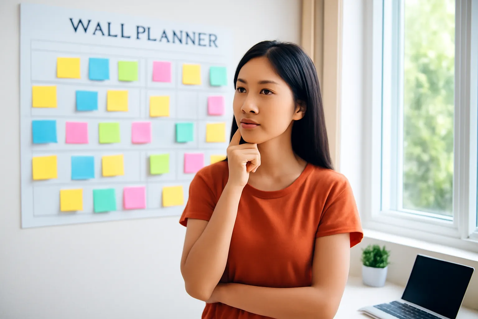 Cô gái đứng nhìn tấm lịch giấy dán ghi chú màu trên tường