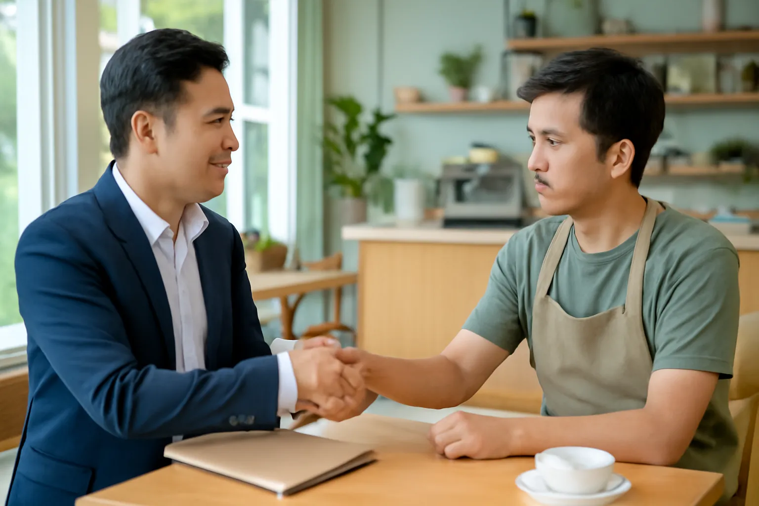 Hai người bắt tay ở quán cà phê, một người cầm tập hồ sơ