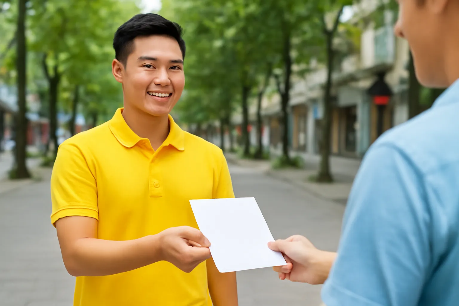 Nhân viên trao tờ giới thiệu cho người qua đường ở phố đi bộ