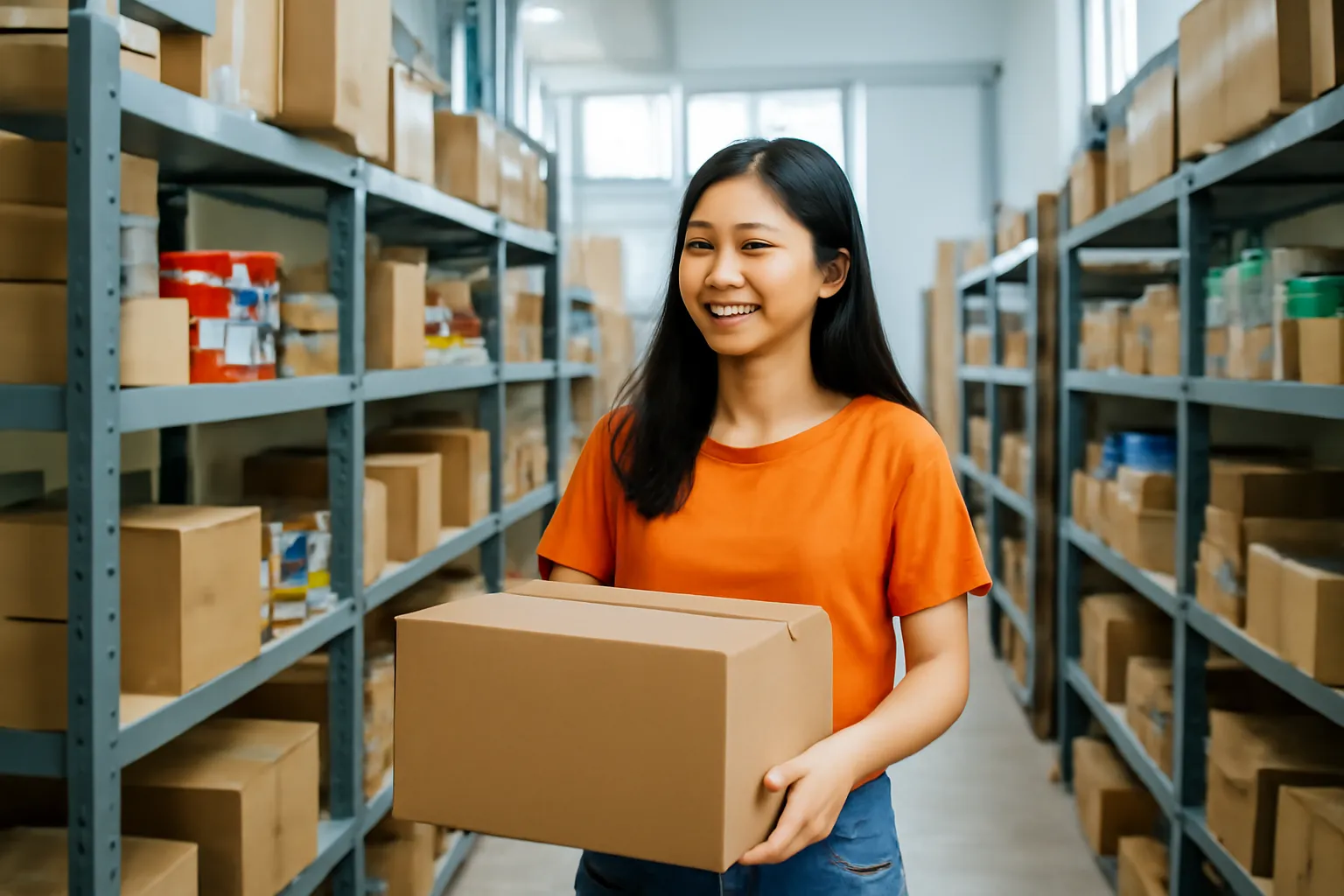 Cô gái trẻ ôm hộp hàng đi giữa kho của xưởng nhỏ
