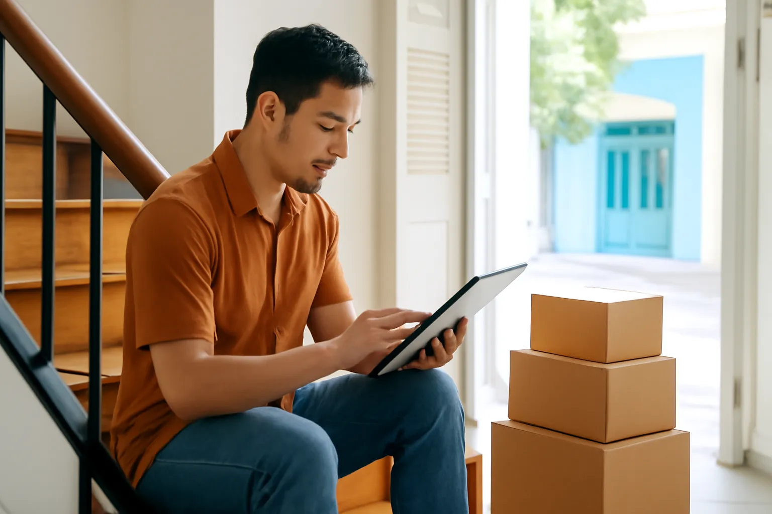 Người đàn ông ngồi cầu thang gỗ chỉnh ảnh trên máy tính bảng