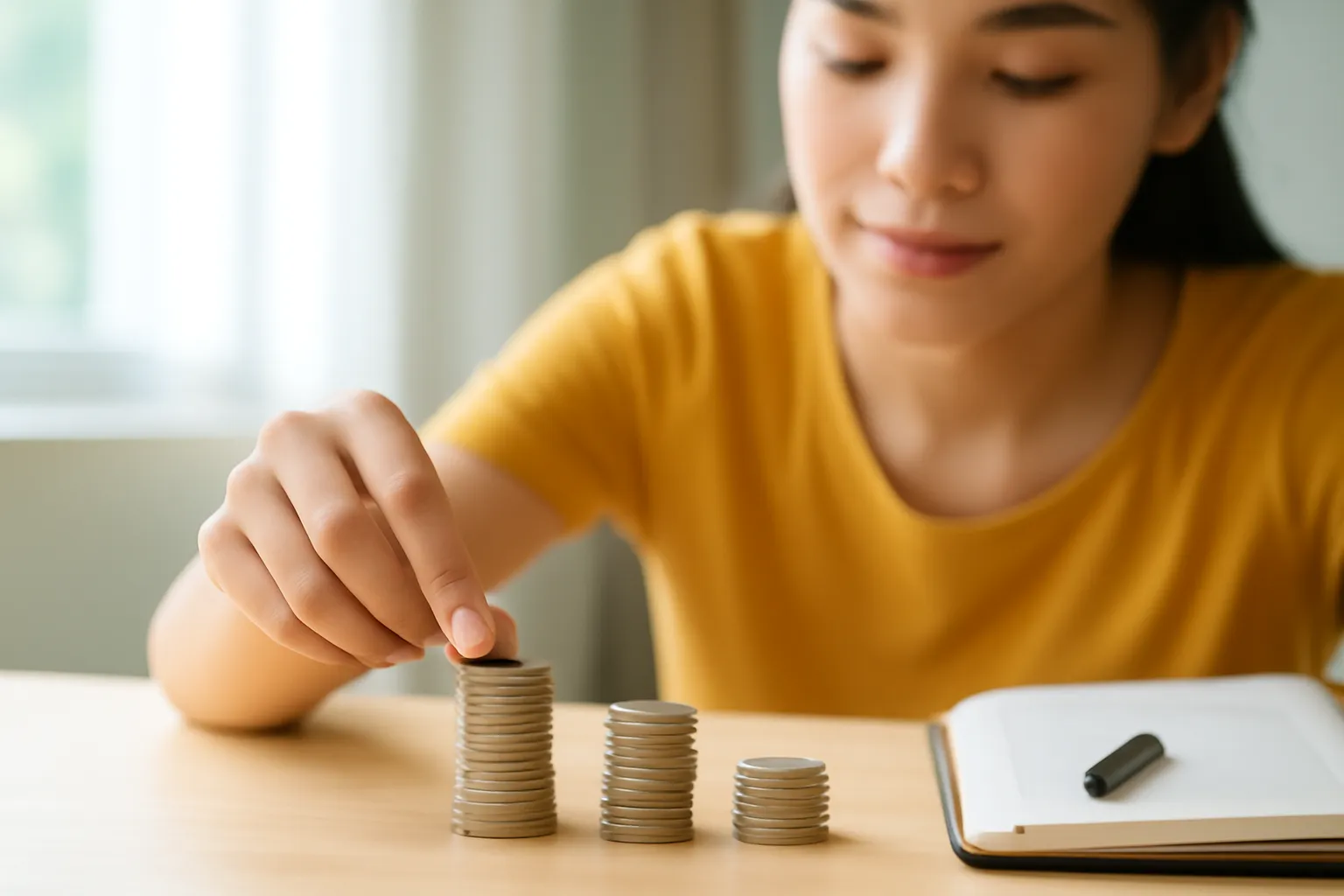 Bàn tay xếp đồng xu thành ba cột trên mặt bàn gỗ