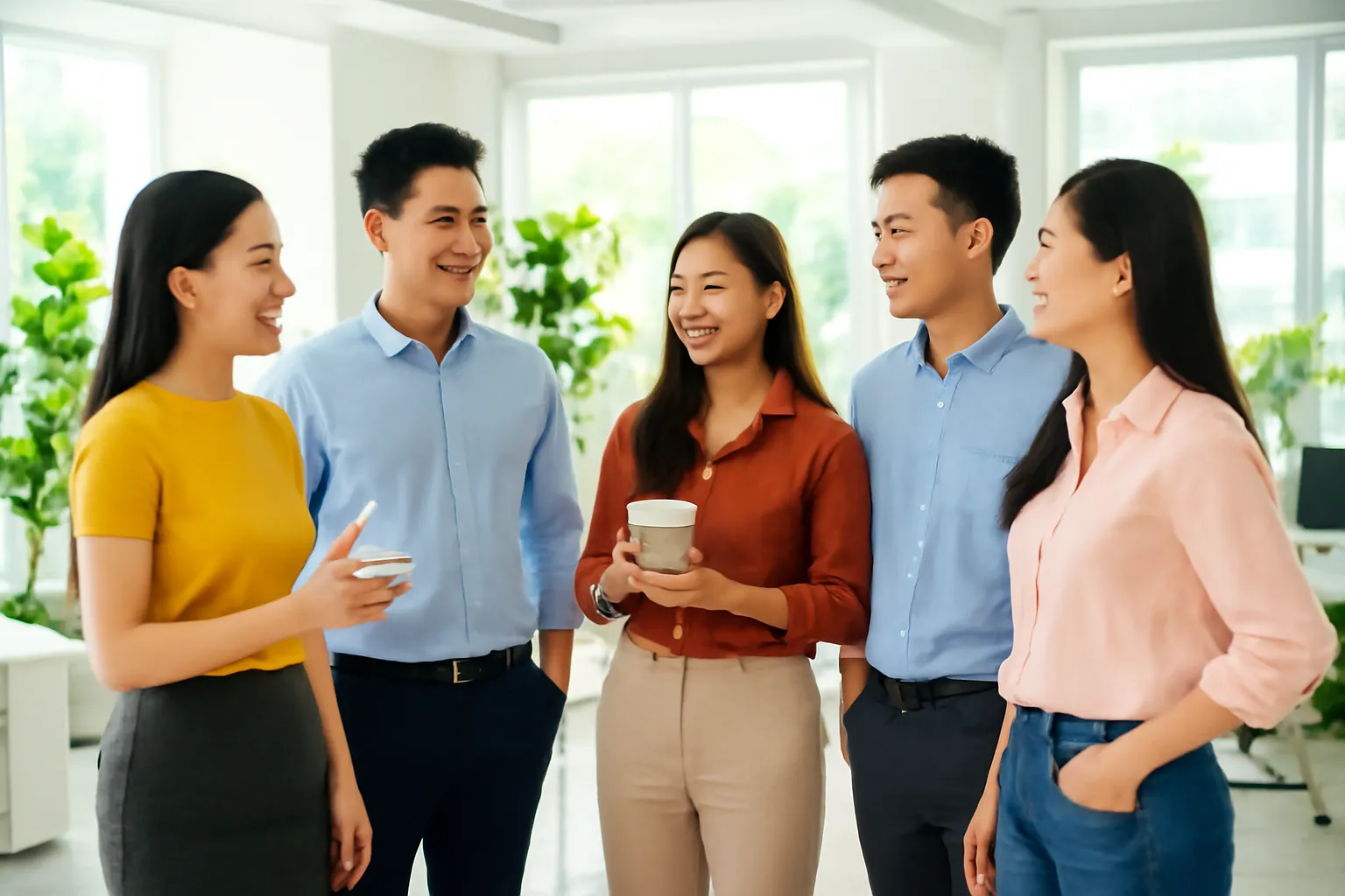 Nhóm người trẻ họp đứng buổi sáng trong văn phòng mở