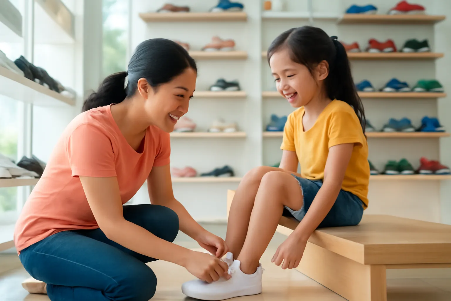 Người mẹ đang chọn giày cho con gái nhỏ trong một tiệm giày