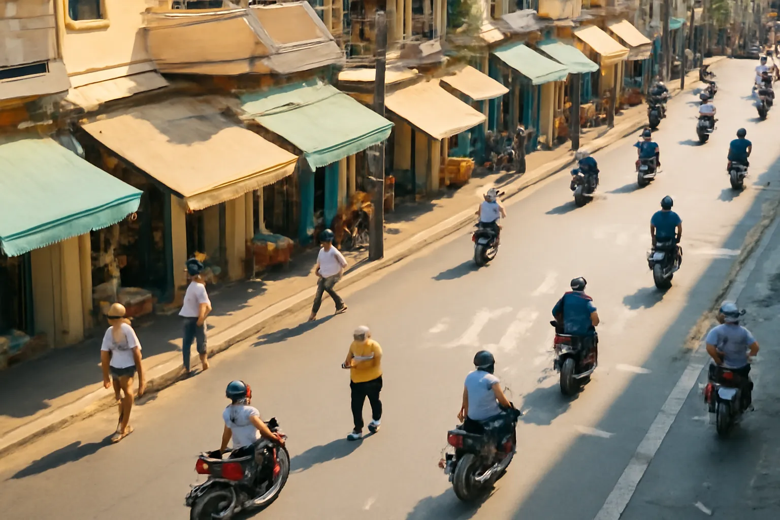 Nhìn từ trên cao con phố đông người qua lại buổi chiều