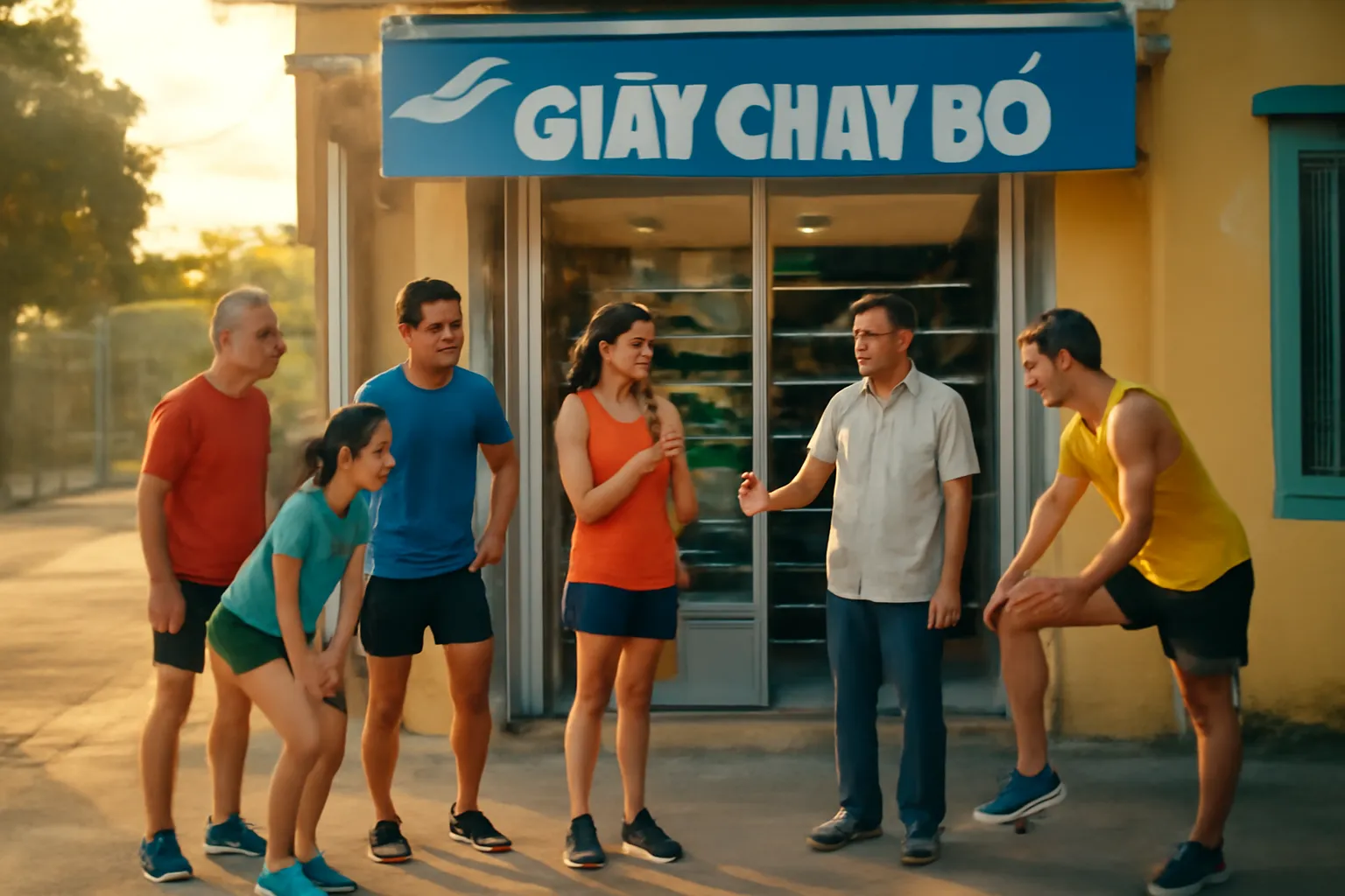 Nhóm người chạy bộ buổi sáng tụ trước một tiệm giày