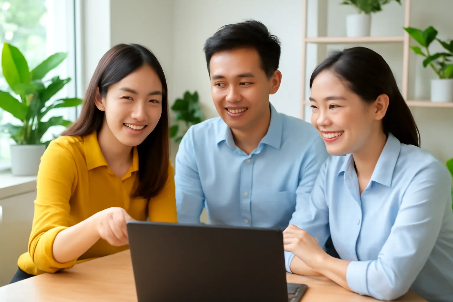 Ba người trong văn phòng nhỏ đang bàn bạc quanh một máy tính xách tay