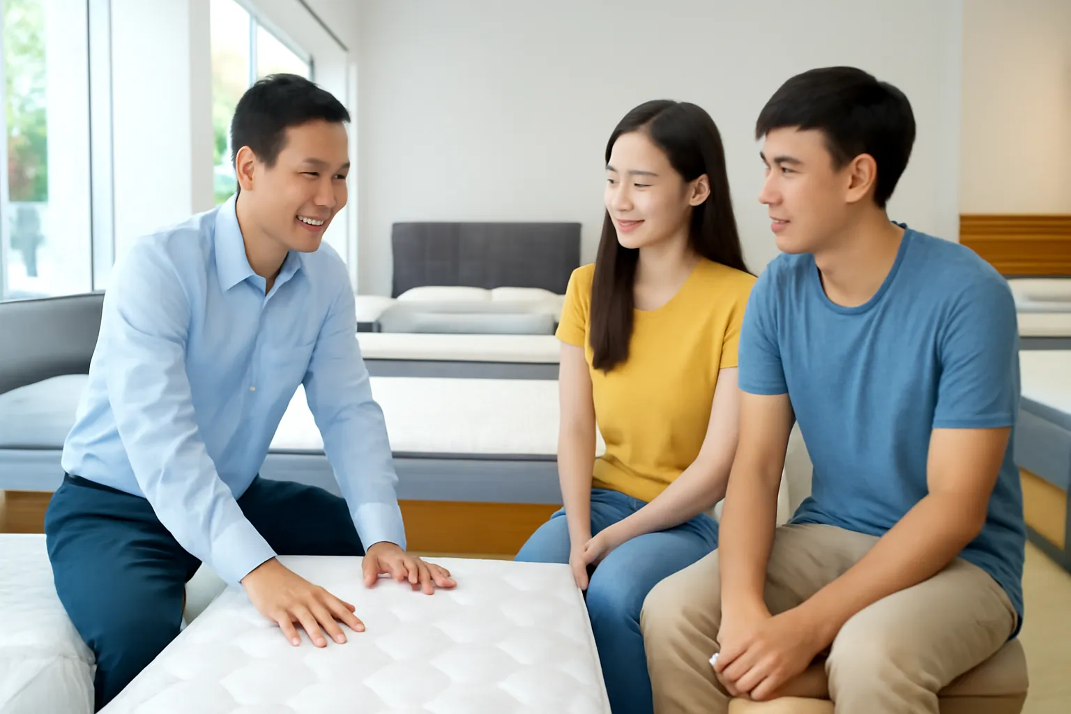 Người bán nệm ấn tay lên nệm cho cặp vợ chồng trẻ thử