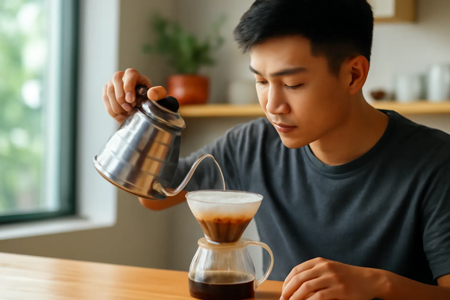 Nhân viên pha chế rót nước vào phễu cà phê nhỏ giọt trên quầy