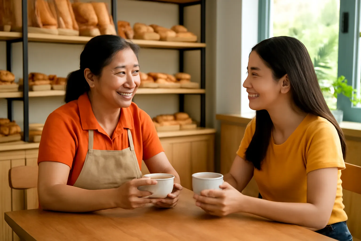 Chủ tiệm bánh ngồi trò chuyện với khách bên bàn gỗ trong tiệm