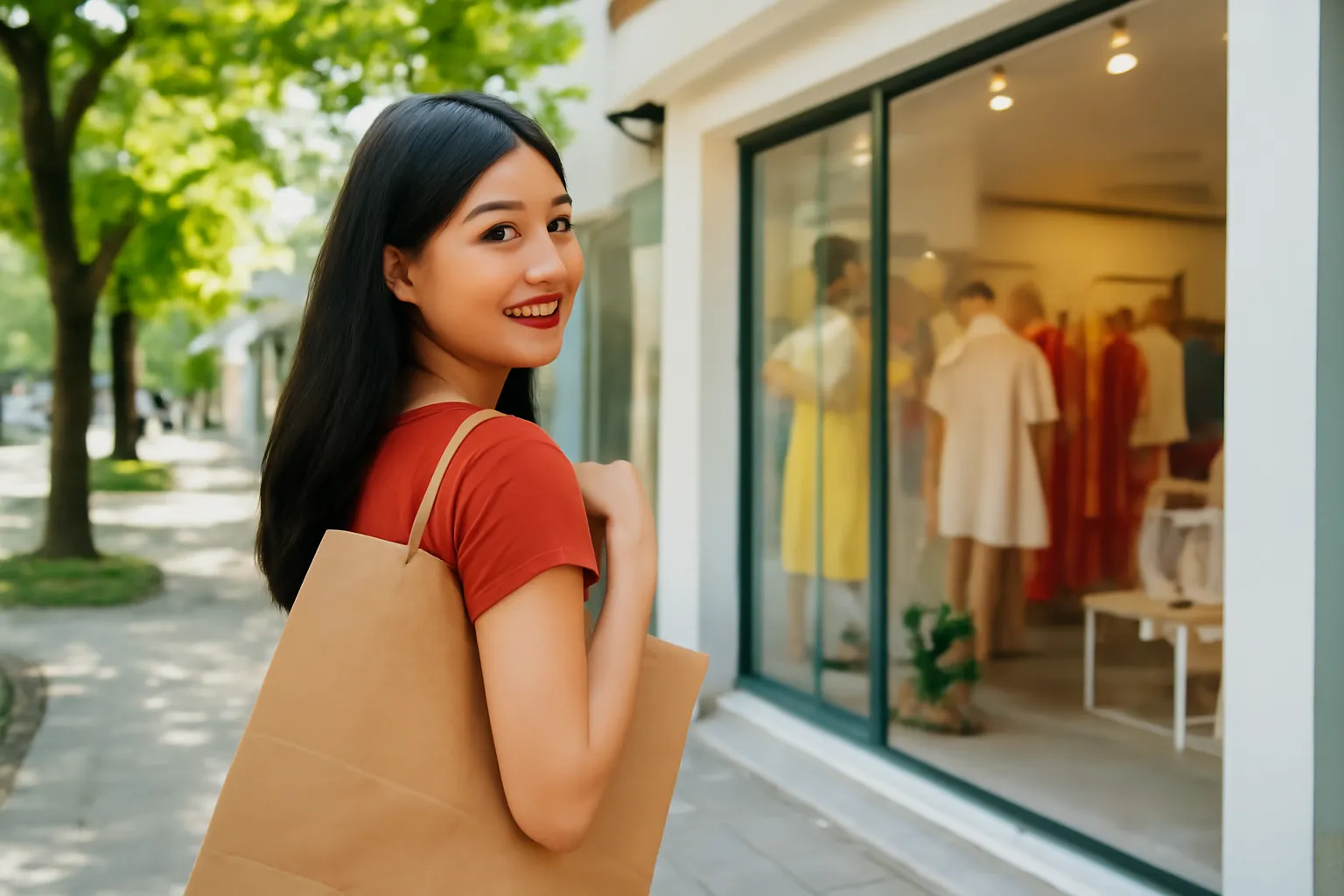 Cô gái cầm túi đồ ngoái lại nhìn tiệm quần áo