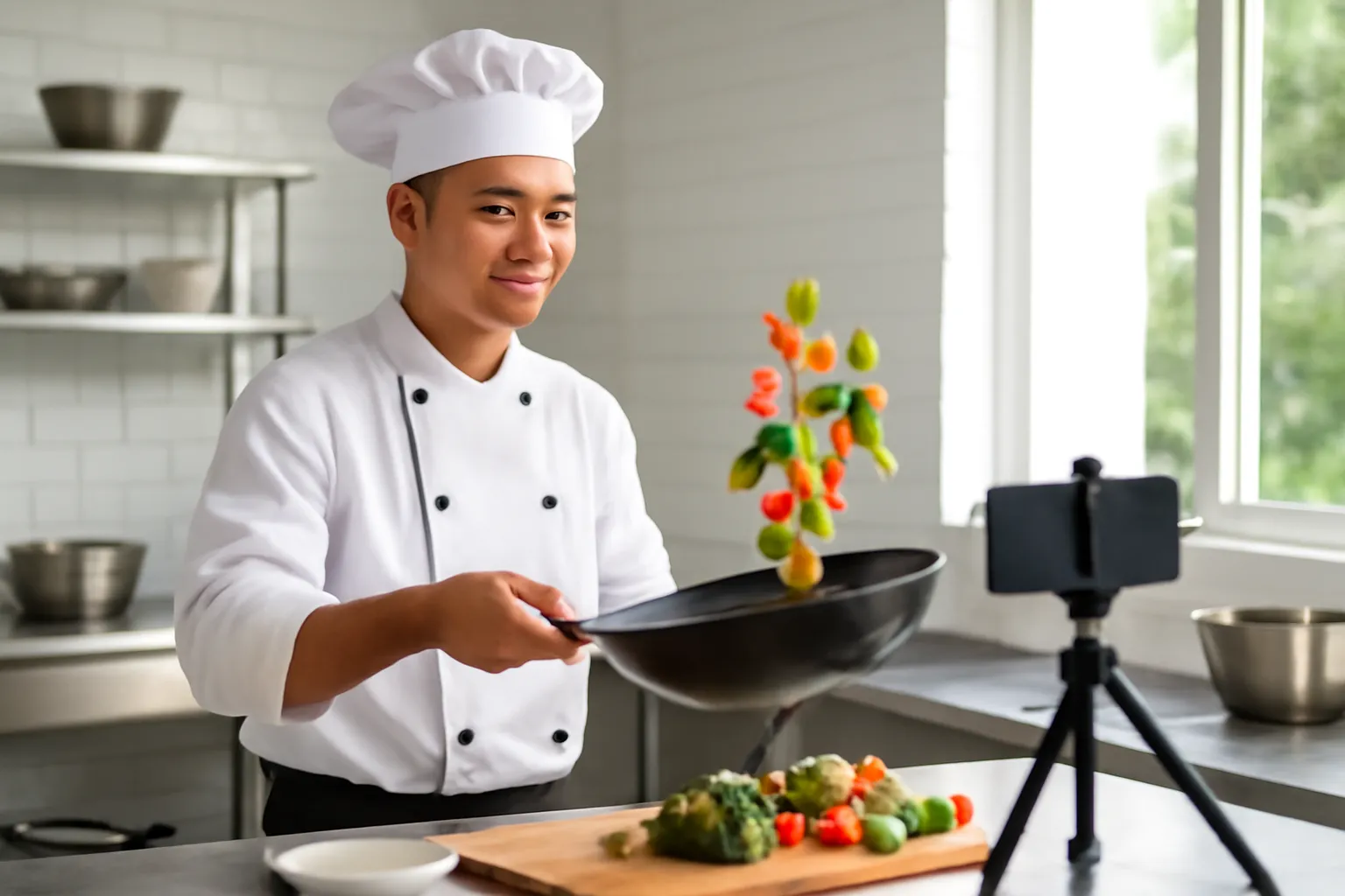 Đầu bếp trẻ quay cảnh đảo chảo bằng điện thoại đặt trên giá ba chân