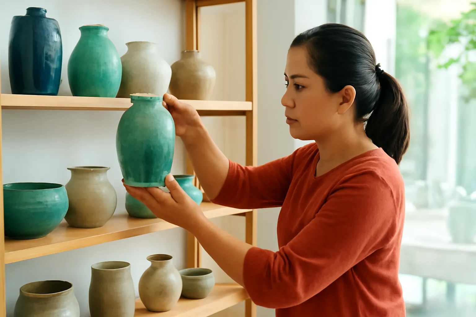 Chủ tiệm gốm đặt chiếc bình lên kệ gỗ trong tiệm