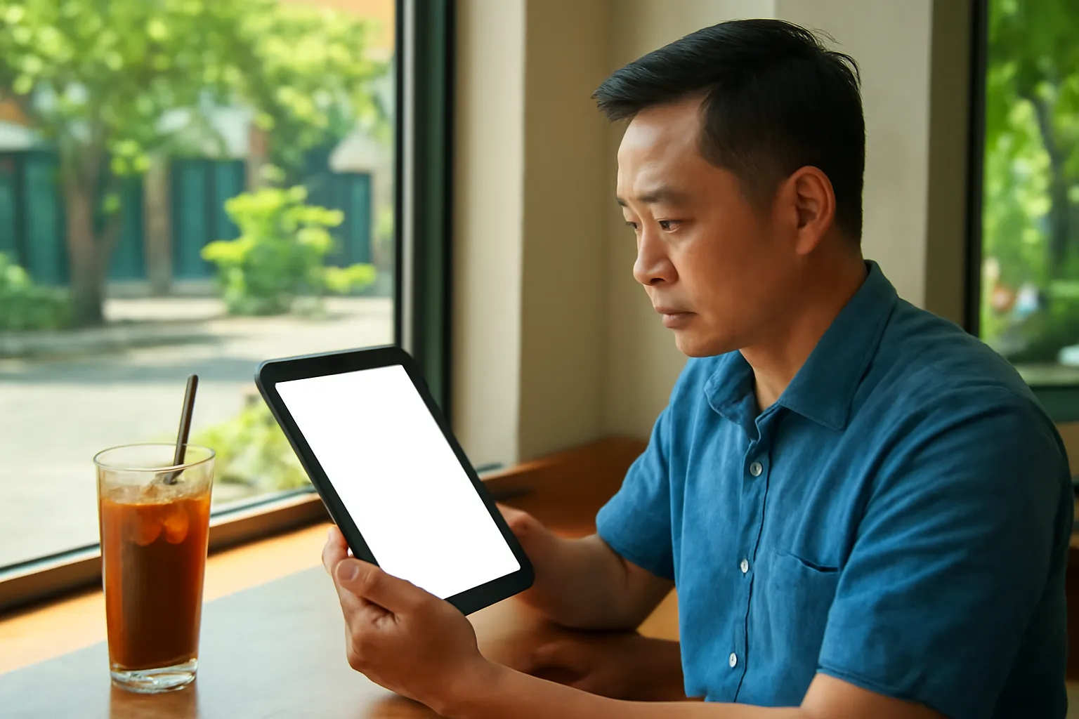 Người đàn ông đọc trên máy tính bảng bên ly cà phê buổi sáng