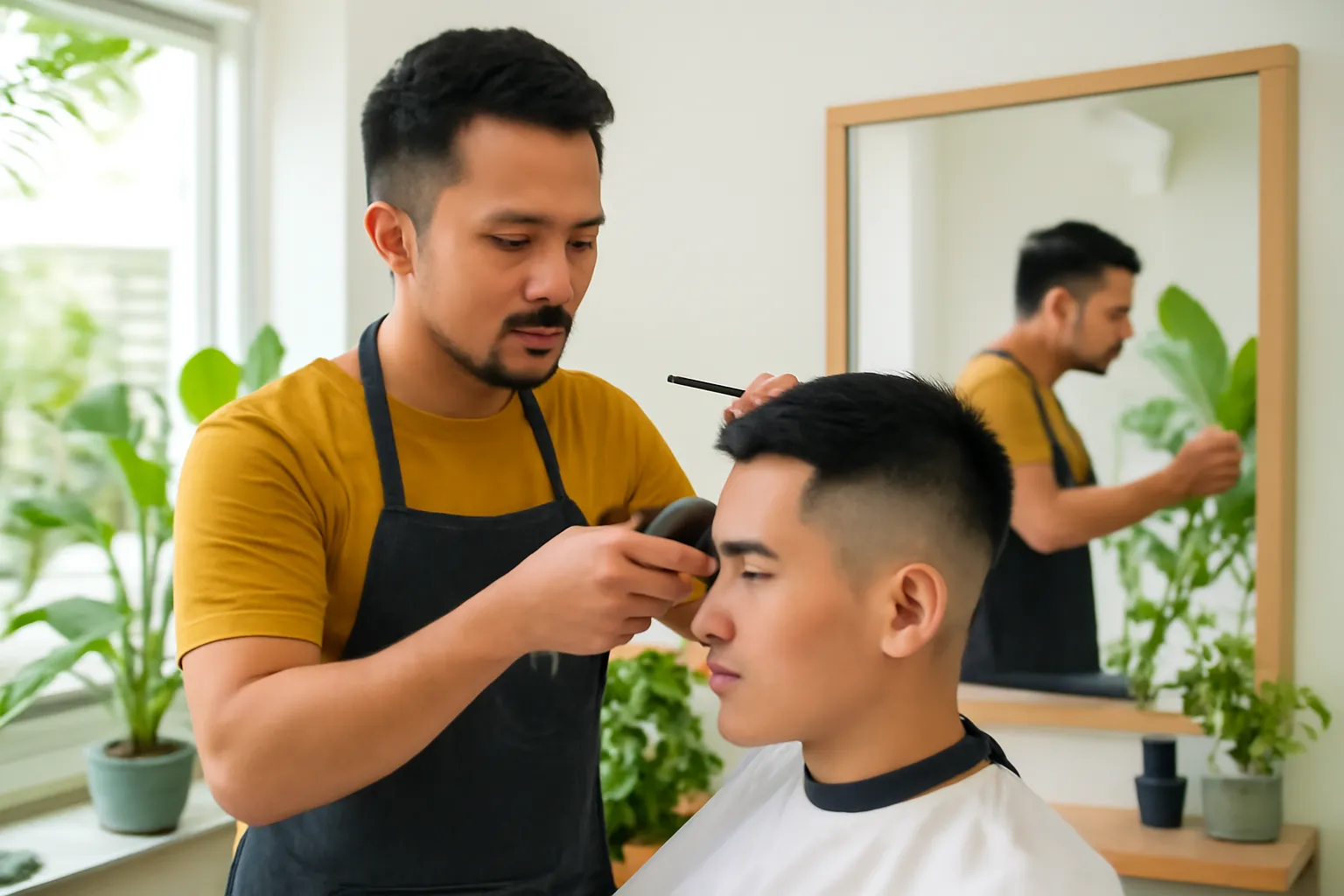 Thợ cắt tóc nam đang cắt tóc cho khách trẻ trong tiệm nhỏ