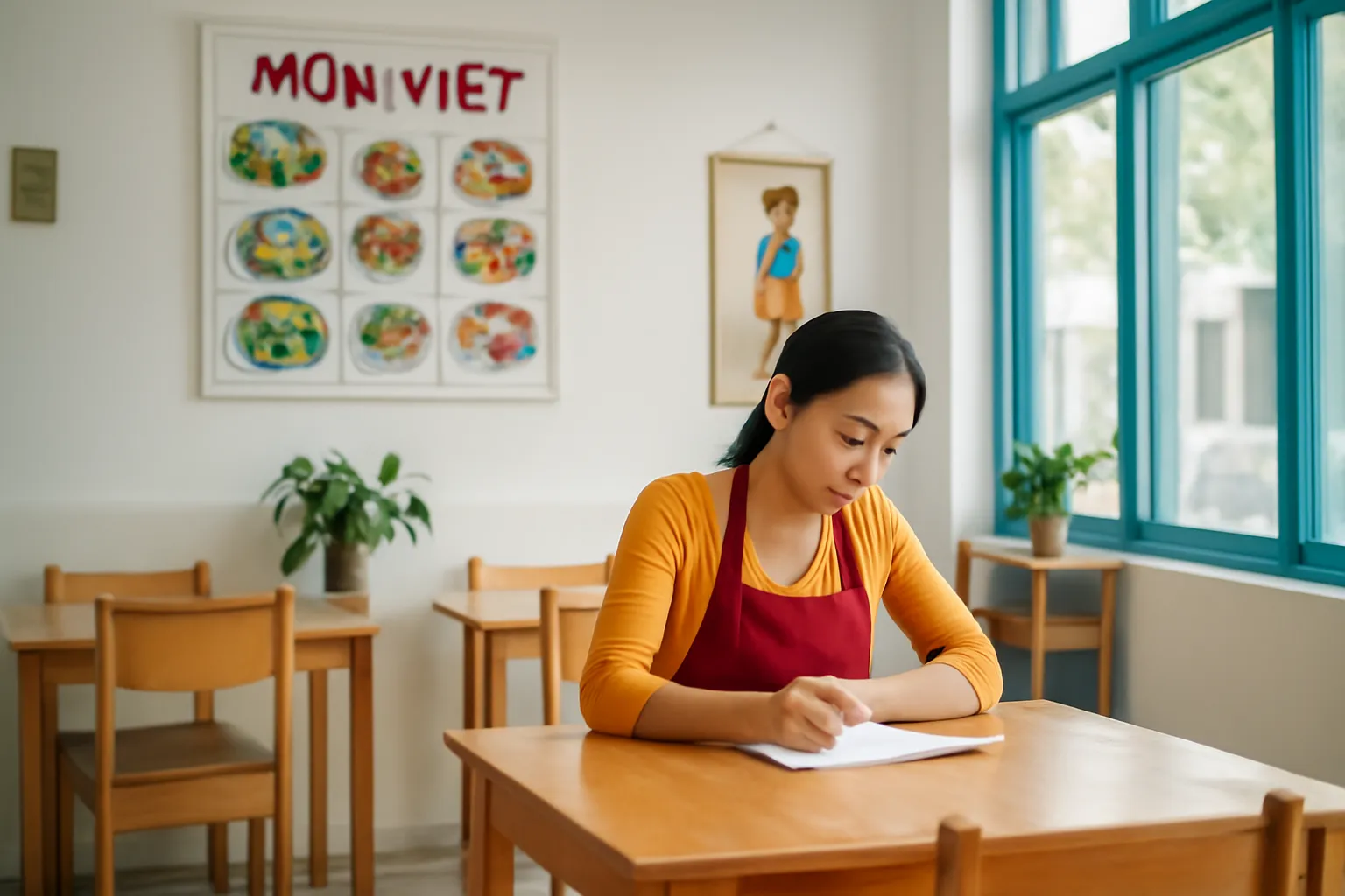Chủ quán ngồi một mình ở bàn trống buổi trưa, ghi chép vào sổ