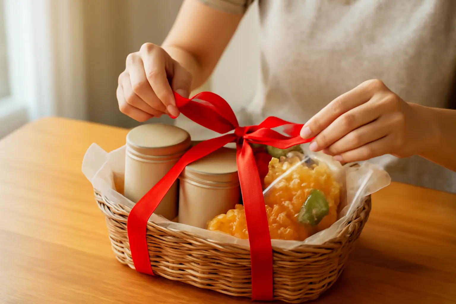 Đôi tay gói giỏ quà Tết có mứt và trà