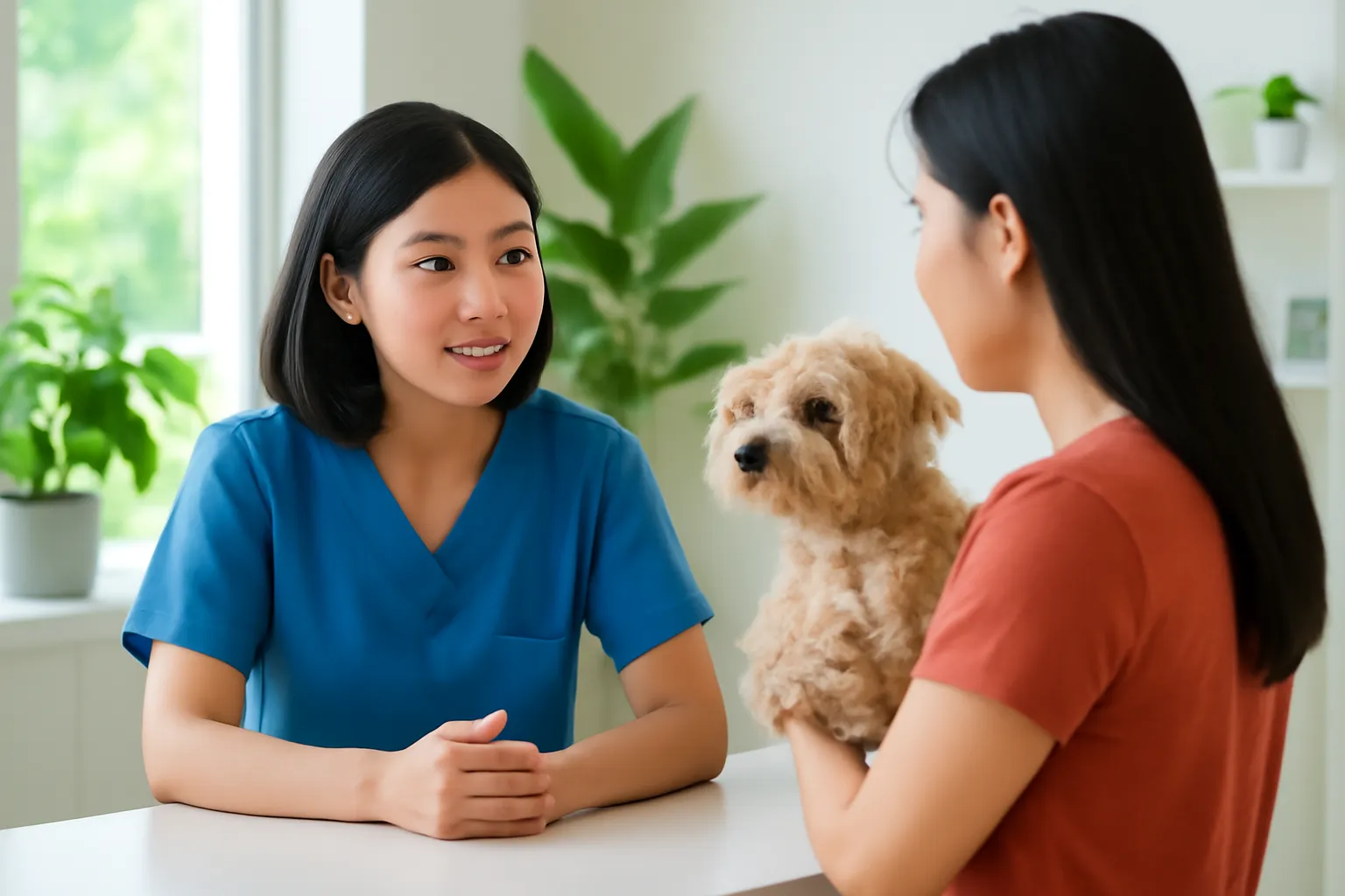 Nhân viên tiệm thú y lắng nghe khách hỏi ở quầy