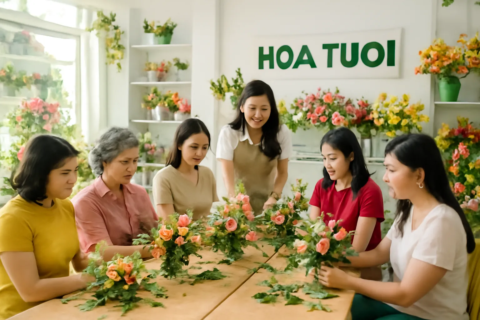 Lớp cắm hoa nhỏ trong tiệm hoa buổi chiều