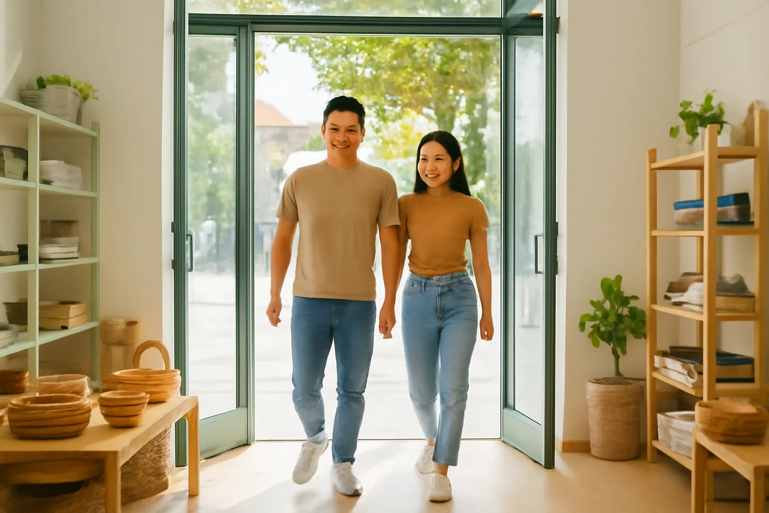 Khách bước vào cửa tiệm mở rộng đầy nắng