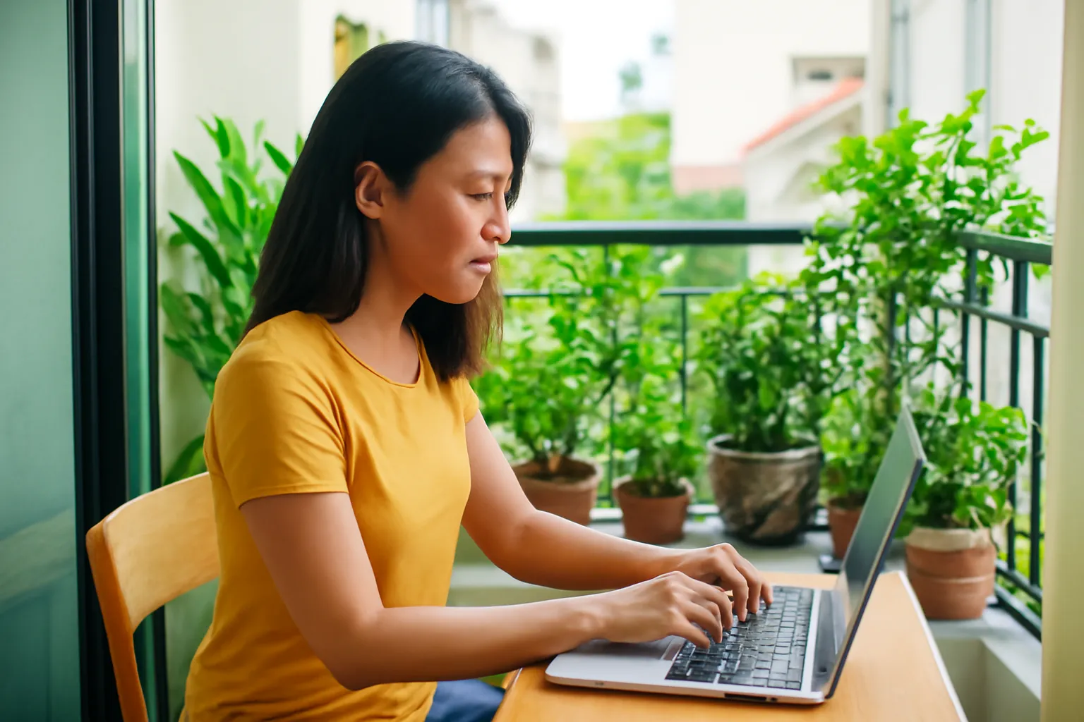 Người phụ nữ viết trên máy tính xách tay ở ban công có cây xanh