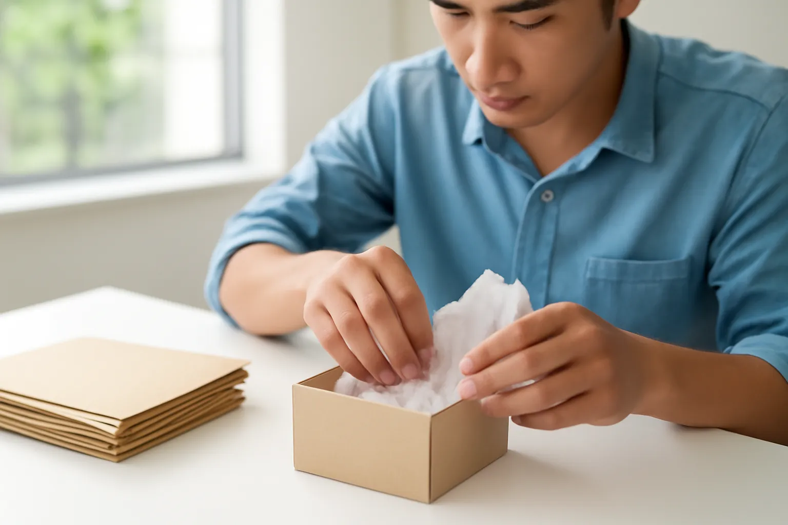 Đôi tay đóng gói phần quà nhỏ bên cạnh xấp phong bì trơn