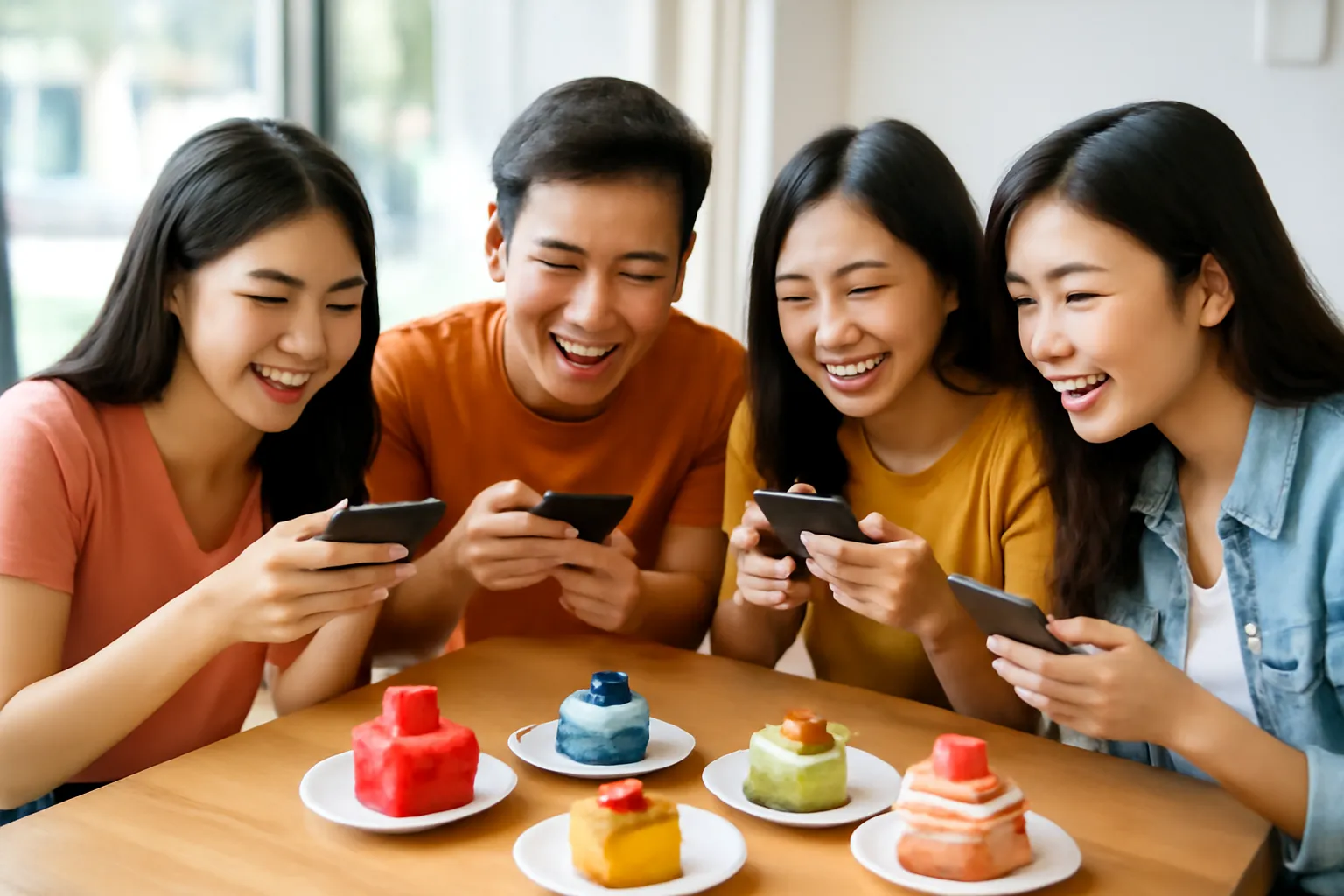 Nhóm bạn trẻ chụp ảnh món tráng miệng tại quán