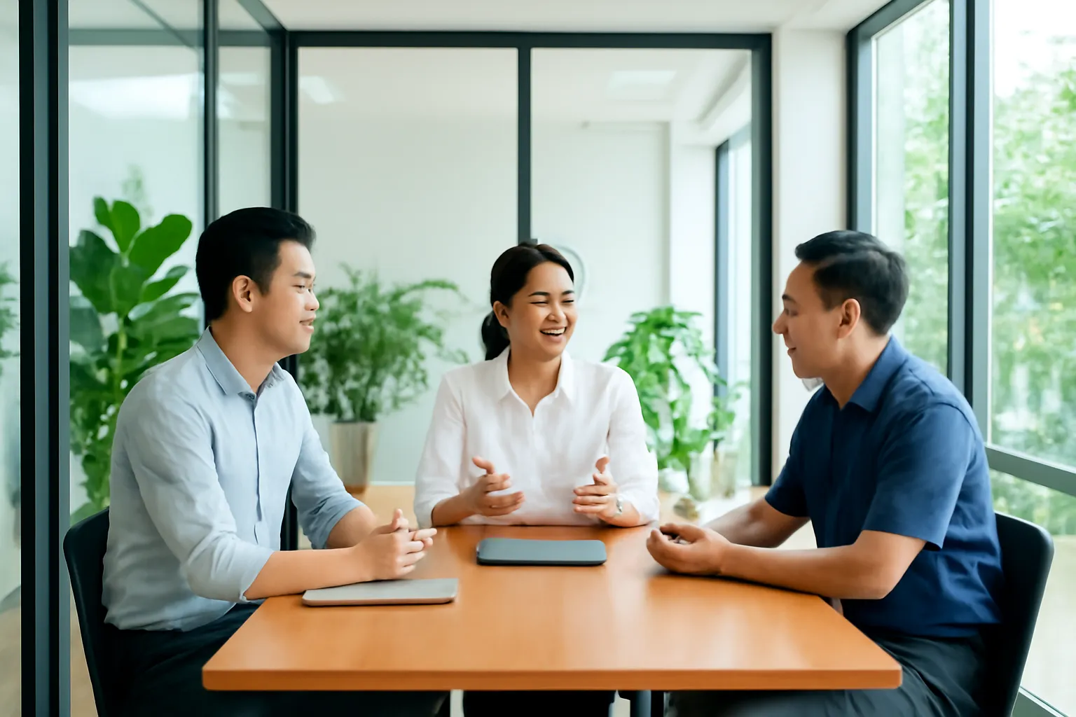 Buổi họp ba người trong phòng kính có cây xanh