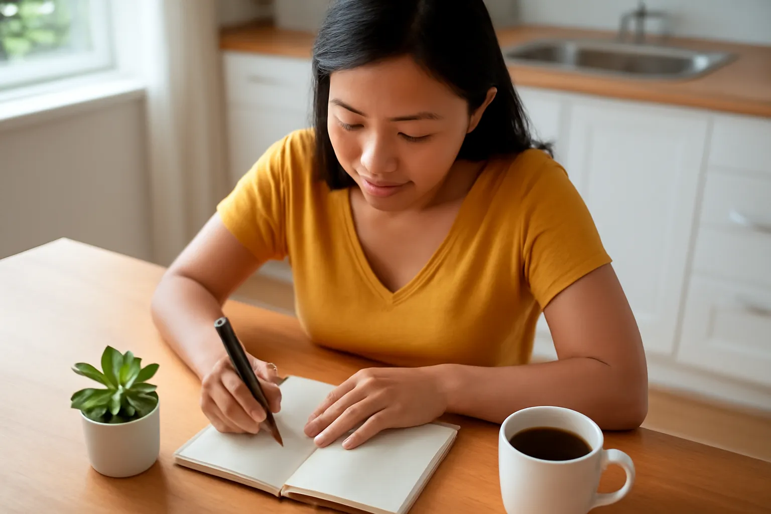 Người phụ nữ viết tay vào sổ ở bàn bếp buổi sáng