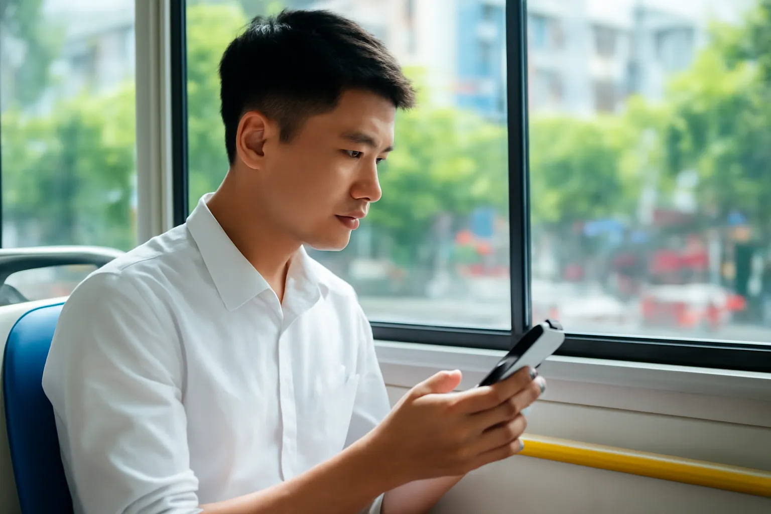 Thanh niên lướt điện thoại trên xe buýt, màn hình sáng trống