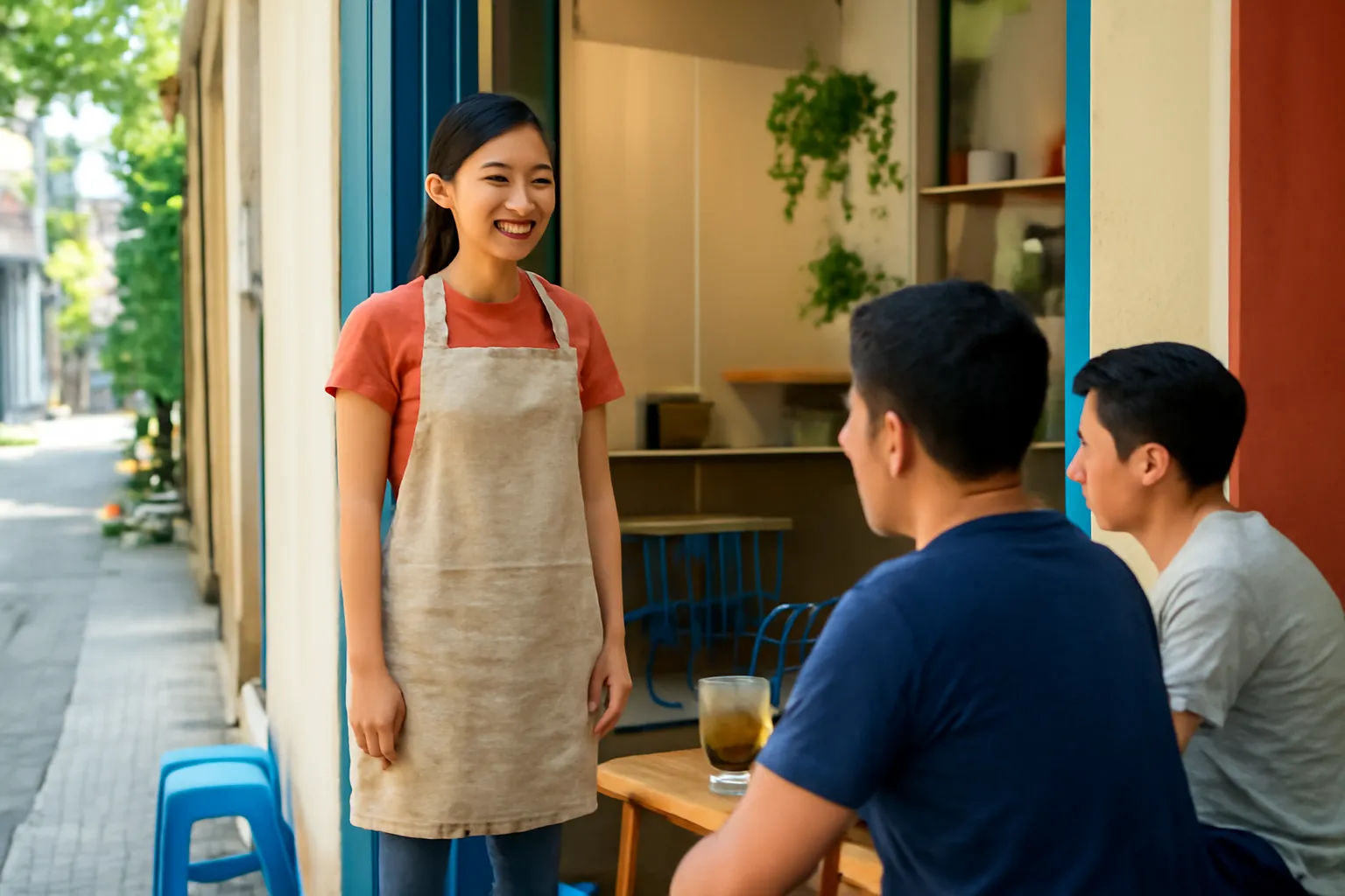 Chủ quán cà phê đứng ở cửa quan sát khách buổi sáng